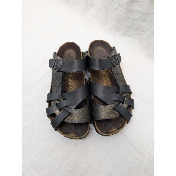Papillio by Birkenstock size 39 slip on sandals unique straps black and gold SH1 - Picture 2 of 10